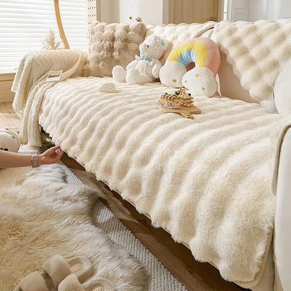 Faux Fur Couch Cover Fuzzy Soft Plush Thick Bubble Sofa Cover Luxury Sectional Couch Covers Luxury Anti-Slip Sofa Slipcover Washable Furniture Protector (Ivory,28"x82")