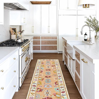 Fame Living Orange Oushak Runner Rug, Modern Runners, Vintage, Turkish, Eclectic, Floral, Pastel, Washable, Runner for Hallway, Kitchen, Bedroom, Bathroom, 2'5"x9'8"