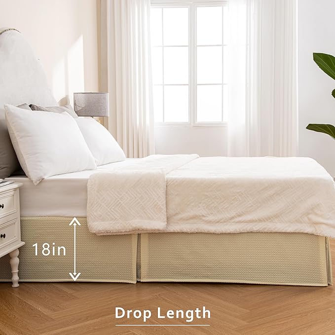 MIYE Pleated Waffle Weave Bed Skirt, Tailored Dust Ruffle 18 Inch Drop Easy Fit, Machine Washable,No Split Corners (Light Beige, King - 18" Drop)