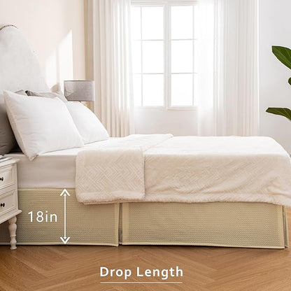 MIYE Pleated Waffle Weave Bed Skirt, Tailored Dust Ruffle 18 Inch Drop Easy Fit, Machine Washable,No Split Corners (Light Beige, Twin - 18" Drop)