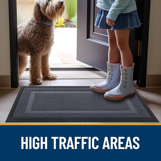 OLANLY Front Door Mat Indoor Outdoor Entrance, Waterproof All-Season, All-Weather Doormat, Sturdy Natural Rubber, Fade Resistant, Low Profile, Easy Clean Patio Porch Entryway Mat, 59x20, Light Grey