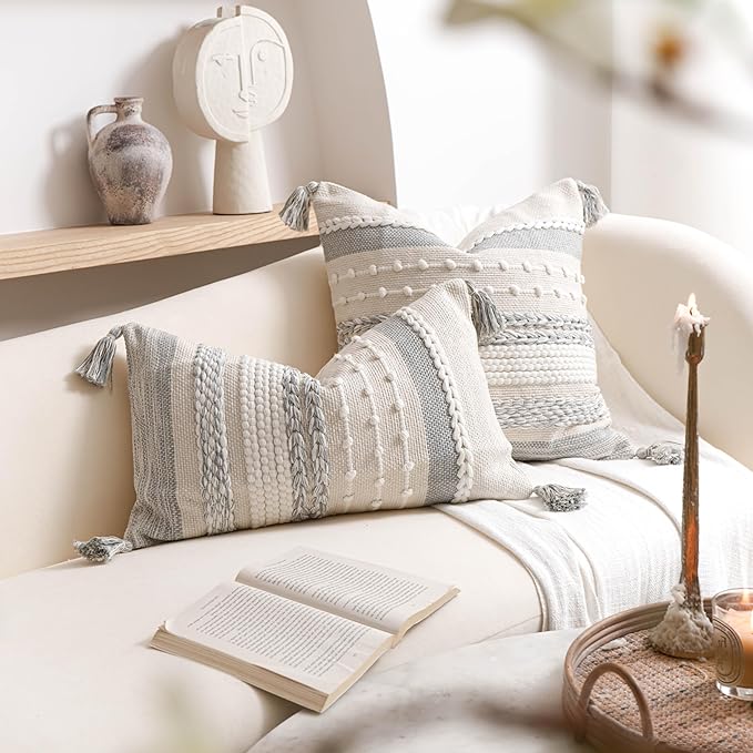 BlissBlush Gray Boho Decorative Throw Pillow Cover 20x20 Square Farmhouse Accent Cushion for Couch Sofa Livingroom Bedroom Pillowcase Modern Home Décor (Pack of 1)