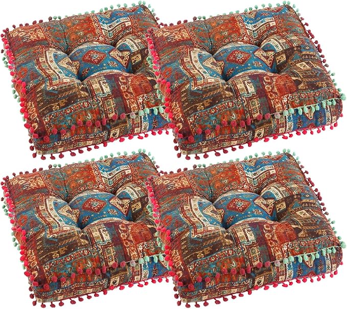 Bohemian Seat Cushion，Indoor & Outdoor 16.5" x 16.5" Seating Cushion for Dinning Chairs, Decorative with Tassels(4Pcs,Blue)