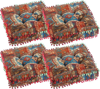 Bohemian Seat Cushion，Indoor & Outdoor 16.5" x 16.5" Seating Cushion for Dinning Chairs, Decorative with Tassels(4Pcs,Blue)