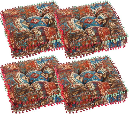 Bohemian Seat Cushion，Indoor & Outdoor 16.5" x 16.5" Seating Cushion for Dinning Chairs, Decorative with Tassels(4Pcs,Blue)