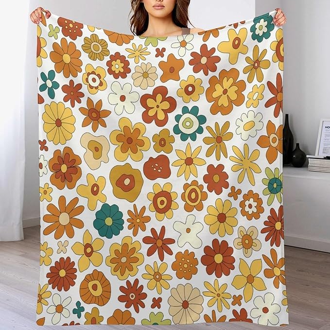 Vintage Hippie Floral Blanket, 70s Boho Abstract Yellow Orange Flowers Funny Print Throw Blanket for Holiday Theme Home Decor Bedding Couch 60"x80"