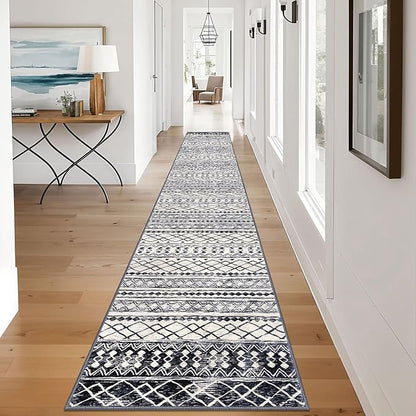 KUTA Boho Hallways Runner Rugs 2x12, Moroccan Washable Kitchen Rug Non-Slip Vintage Black Navy Blue 12ft Ultra Soft Distressed Geometric Floor Carpet Runners for Bedroom Laundry Living Room
