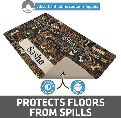Drymate Personalized Pet Bowl Placemat, Custom Dog & Cat Food Feeding Mat - Absorbent Fabric, Waterproof Backing - Machine Washable/Durable (USA Made) (12" x 20") (Best Friend Brown)