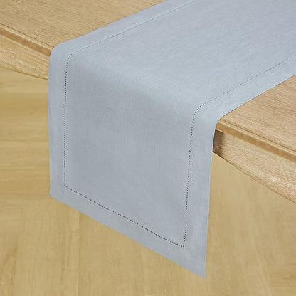 Solino Home Linen Dusty Blue Table Runner 90 Inches Long - 100% Pure Linen Hemstitch 14 x 90 Inch Table Runner for Dining - Classic Hemstitch