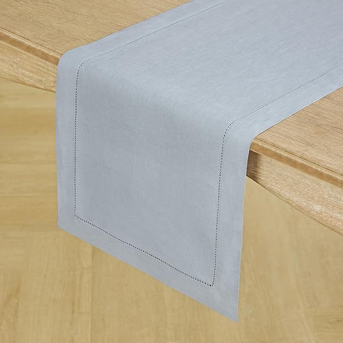 Solino Home Linen Dusty Blue Table Runner 36 Inches - Classic Hemstitch, 100% Pure Linen Coffee Table Runner 14 x 36 Inch Ideal for Dresser Tables