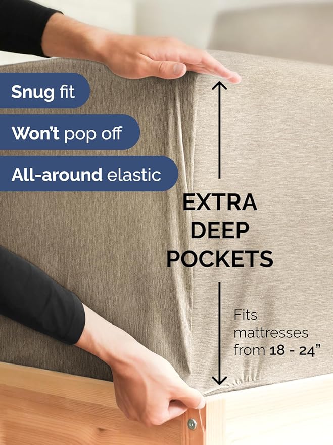 Extra Deep Pocket Split King Sheets - 5 Piece Breathable & Cooling Bed Sheets - Hotel Luxury Bed Sheet Set - Soft, Wrinkle Free & Comfy - Easily Fits Extra Deep Mattresses - Heathered Beige Sheets Set