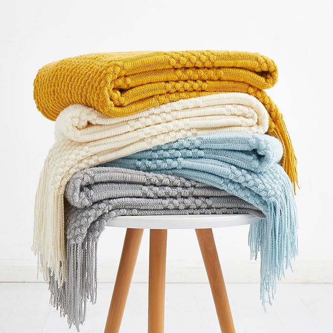 Off White Knitted Throw Blankets for Couch, Bedroom and Officeroom,Textured Fade Resistant Soft and Warm Decorative Knitted Blankets with Tassel,50"x60"