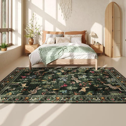 Rugcomf Living Room Rug 5x7 Rug Machine Washable Boho Area Rug Non Slip Floral Animal Vintage Low Pile Large Rugs for Living Room, Bedroom, Farmhouse, Dining Room, Kids Playroom (Green)