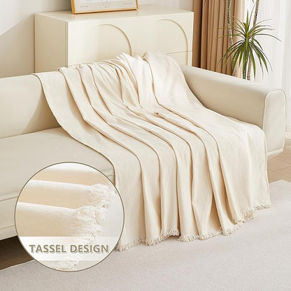 MYSKY HOME Beige Couch Covers Boho Style Chenille for 2 Cushion L-Shape Washable Couch Blanket with Tassel Pet Cushion Cover, 71" X102