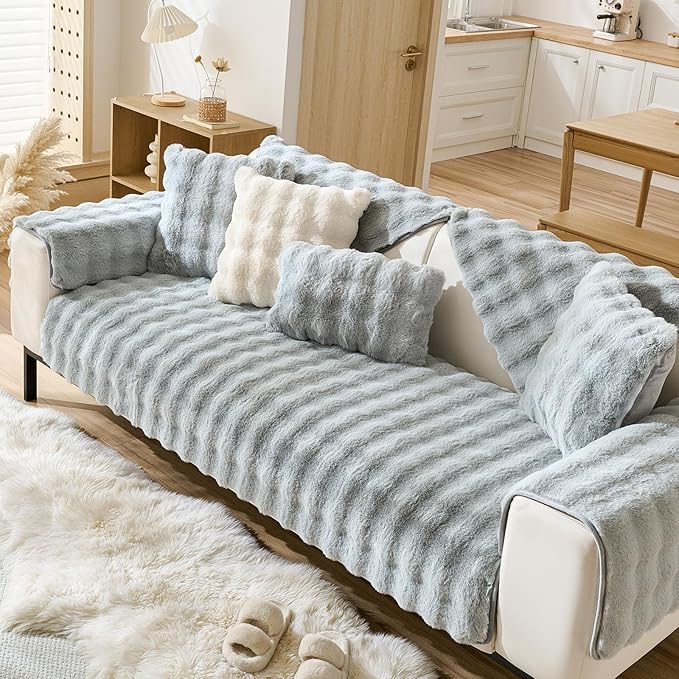 Faux Fur Couch Cover Fuzzy Soft Plush Thick Bubble Sofa Cover Luxury Sectional Couch Covers Luxury Anti-Slip Sofa Slipcover Washable Furniture Protector (Light Grey,36"x63")