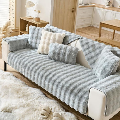 Faux Fur Couch Cover Fuzzy Soft Plush Thick Bubble Sofa Cover Luxury Sectional Couch Covers Luxury Anti-Slip Sofa Slipcover Washable Furniture Protector (Light Grey,36"x63")