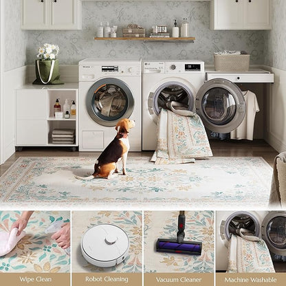 jinchan Vintage Floral Runner Rug 2x5 - Machine Washable Distressed Design Non-Slip Low-Pile Soft Thin Carpet for Hallway Kitchen Farmhouse Bedroom Entryway Laundry Room (2x5ft, Apricot Multi)