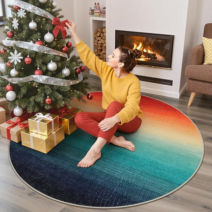 Wonnitar Modern Ombre Christmas Round Area Rug, 4ft Colorful Washable Living Room Circle Throw Mat, Non-Slip Contemporary Kitchen Circular Floor Carpet for Dining Room (Colorful, Round 4ft)