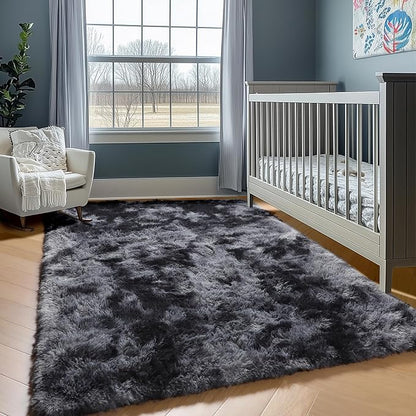 ONASAR 6x9 Area Rugs for Living Room Bedroom, Tie-Dyed Dark Grey Washable Large Fluffy Bedside Throw Rug, Soft Plush Shaggy Fuzzy Floor Carpet for Nursery Kids Girls Boys Teen Dorm Home Decor