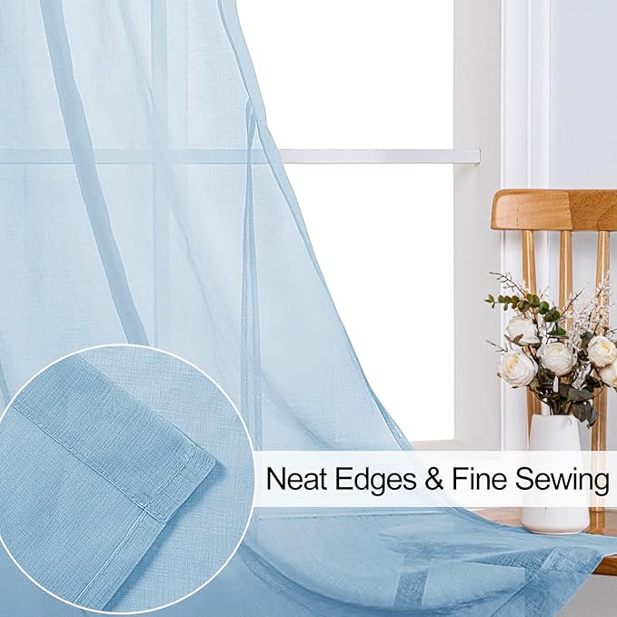 XWZO Sheer Curtains 84 Inches Long for Bedroom, Light Filtering Faux Linen Grommet Window Curtains for Living Room, Kids Room, Study with Tiebacks, Baby Blue, W52 x L90, Set of 2 Panels