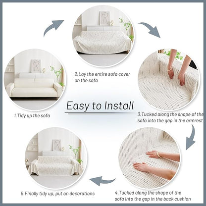 MYSKY HOME Couch Cover for Dogs, Sectional Couch Cover, Beige Lines Sofa Covers for Sectional Sofa L Shape Chenille Couch Protector for Dogs Pets Couch Covers Washable Soft Throw, 71" X118"