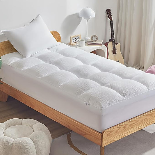 SLEEP ZONE Mattress Topper Twin Size, Extra Thick Fitted Mattress Pad for Back Pain, Plush and Support Mattress Cover, Deep Pockets Mattress Protector, Hotel Quality (White, Twin)