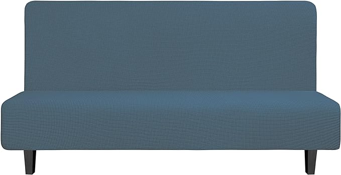 Easy-Going Stretch Futon Slipcover Armless Futon Bed Cover Furniture Protector Without Armrests with Elastic Bottom for Kids, Soft Jacquard Fabric Small Checks (Large, Bluestone)
