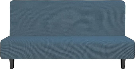 Easy-Going Stretch Futon Slipcover Armless Futon Bed Cover Furniture Protector Without Armrests with Elastic Bottom for Kids, Soft Jacquard Fabric Small Checks (Large, Bluestone)