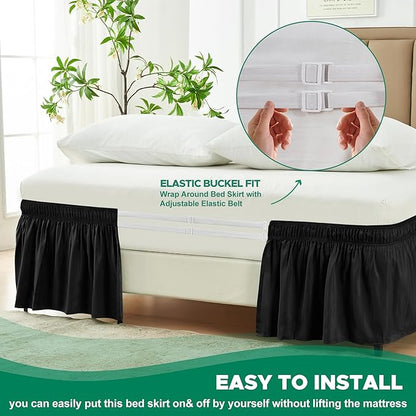 Biscaynebay Wrap Around Bed Skirts for Queen Beds 16" Drop, Black Adjustable Elastic Dust Ruffles Easy Fit Wrinkle & Fade Resistant Silky Luxurious Fabric Solid Machine Washable