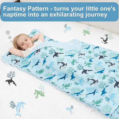 Viviland Toddler Nap Mat, Rolled Sleeping Mats with Pillow and Minky Dot Blanket for Girls Boys, Kids Slumber Bags/Nap Mat for Preschool, Daycare, Kindergarten, Travel Camping - Blue Ocean Whales