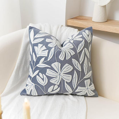 BlissBlush Blue Velvet Decorative Throw Pillow Cover 20X20, Flower Tufted Soft Farmhouse Textured Pillowcase, Accent Pillowcase for Couch Sofa Bed Living Room