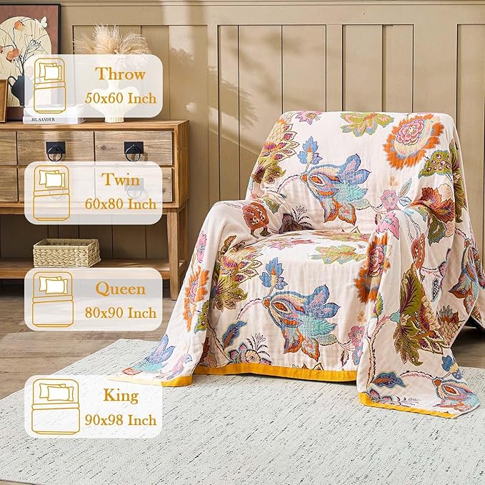 Summer Throw Blanket for Bed, 80"x90" Boho Throw Blankets 100% Cotton Quilts Farmhouse Decoration Warm Soft Blanket Muslin Bed Blankets for Couch Chair
