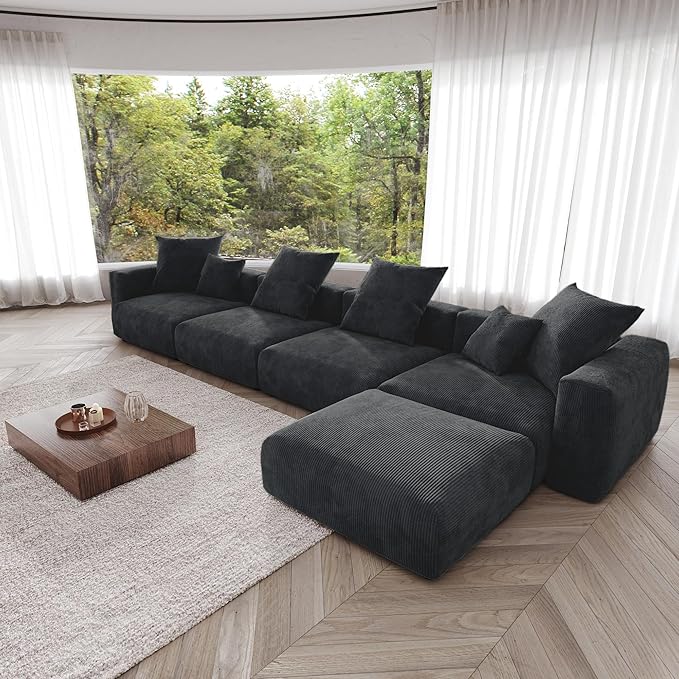 JACH 181" Oversized Modular Sectional Sofa, Deep 4-Seats Sectional Couch with Chaise Ottoman, Huge Plus Convertible Soft Sofas, Corduroy Minimalist Couches for Living Room, Office, Apartment, Black