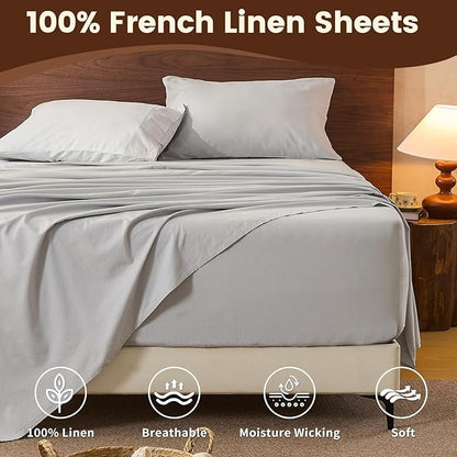 100% Linen Sheet Set King Size Extra Deep Pocket Fits 18-24 Inch Mattress, Breathable & Soft, Smooth 6-Piece Set for Thick Mattresses Hotel Luxury Bedding（King, Grey）