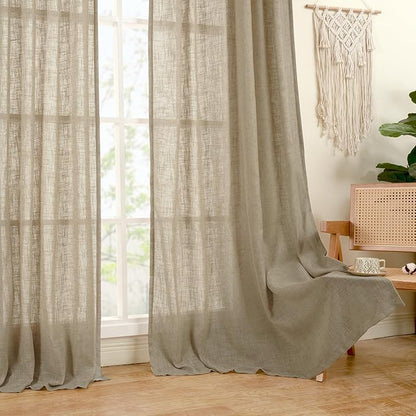 LAMIT Linen Curtains 60 Inch Length 2 Panels, Light Filtering Panels Back Tab and Rod Pocket Neutral Drapes for Bedroom/Window/Living Room, Taupe, 34 x 60 Inch