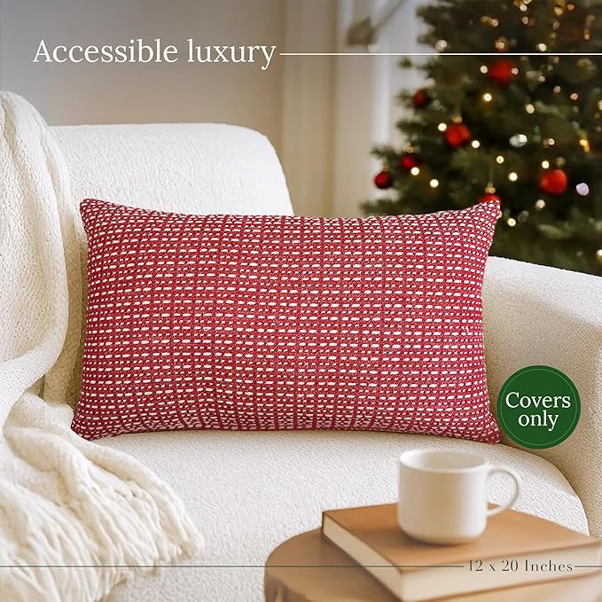 SanVia Sangria Premium Lumbar Cotton Throw Pillow Covers, 12 x 20 Inches, Luxury Holiday Themed Handwoven Couch Pillow Covers, Hidden Zipper, Elegant Home Décor, Insert Not Included