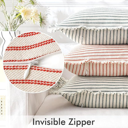 MIULEE Pack of 2 Christmas Red Pillow Covers 26x26 Inch Striped Farmhouse Couch Throw Pillow Covers with Fringe Chic Linen Decorative Cushion Eruo Sham for Sofa Living Room Bed Outdoor Home Decor