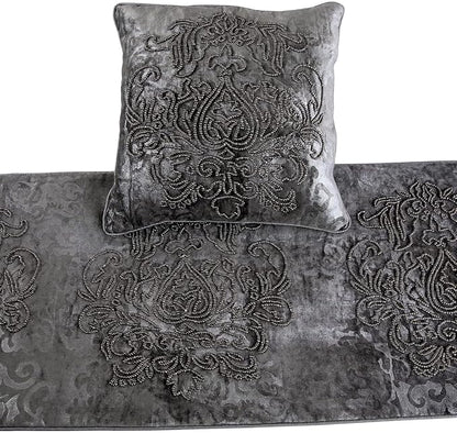 The HomeCentric Decorative Designer Handmade Bed Runner With 2 Throw Pillow Covers - 90 x 18 Inch Damask King Size Scarf in Foil Velvet and Embroidery Linen - Foil Damask