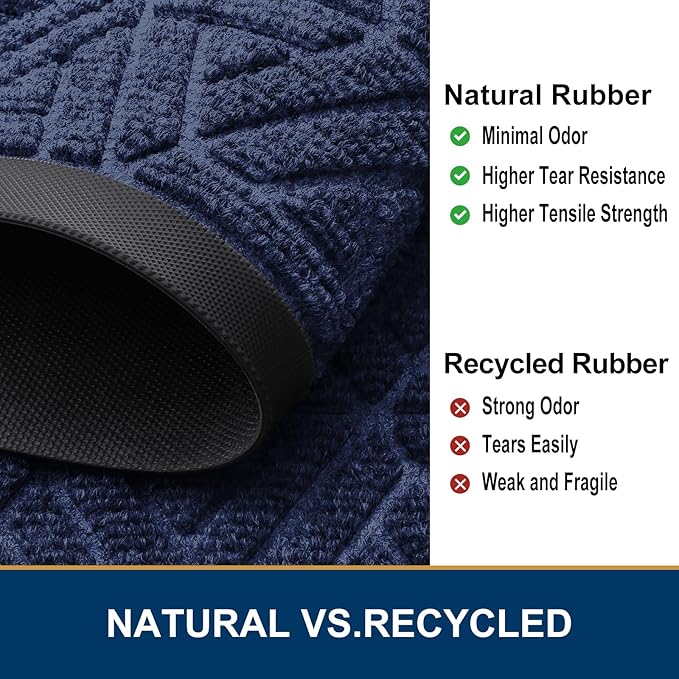 Smiry Front Door Mat Outside Entrance, Heavy Duty Sturdy Natural Rubber Doormat, Trap Dirt and Moisture, Easy Clean Low Profile Mats for Indoor Outdoor Entry, Grid Geometric (59x35, Navy Blue)