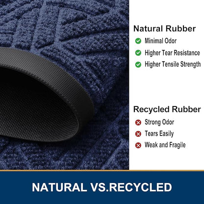 Smiry Front Door Mat Outside Entrance, Heavy Duty Sturdy Natural Rubber Doormat, Trap Dirt and Moisture, Easy Clean Low Profile Mats for Indoor Outdoor Entry, Grid Geometric (59x35, Navy Blue)