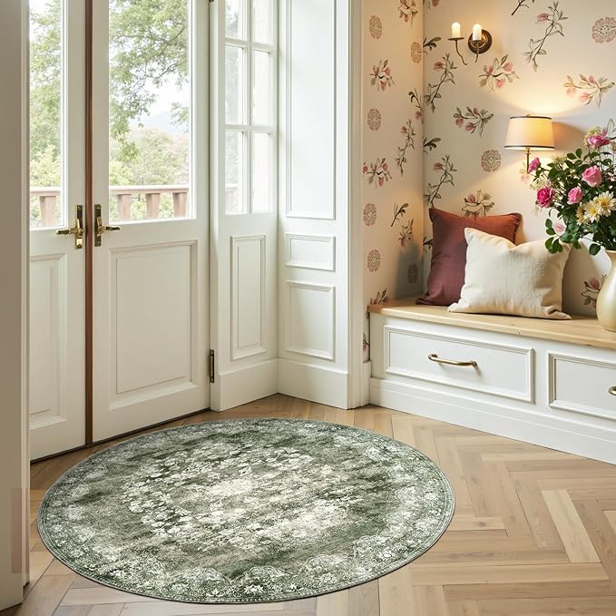 jinchan Round Rug 4ft Area Rug - Green Vintage Floor Mat Kitchen Indoor - Washable Circle 4' Thin Floral Print Christmas Carpet Retro Farmhouse Non Slip Dining Room Living Room Bedroom Office