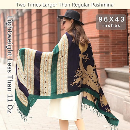 DANA XU 100% Merino Wool Pashmina Shawl for Women 96"x43", Oversized Cashmere Wrap with Tassels, Floral Travel Blanket Cape