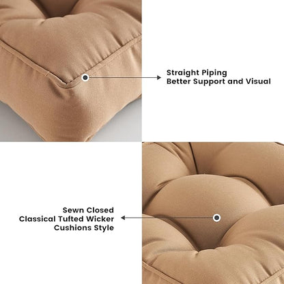 ARTPLAN Outdoor Seat Cushion,Square Thick Tufted Pure Chair Cushion for Patio Wicker Chair with Tie,Set of 2,19"x19"x5"，Light Brown