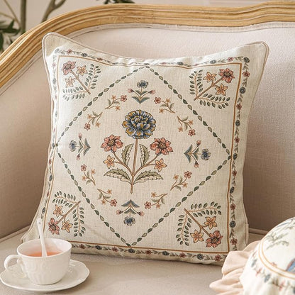 ISAENNE Design Square Floral Linen Throw Pillow Covers 18"x18" Pack of 2, Yellow Pink Flower Pattern Cushion Covers Decor Pillowcases for Bed,Living Room,Outdoor,Car