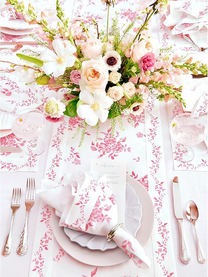 Solino Home Pink Floral Print Table Runner 120 Inches Long - 100% Pure Linen Table Runner 14 x 120 Inch - Handcrafted and Machine Washable - Jolie Fleur Print