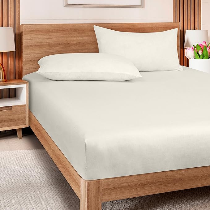 ROYALE LINENS 300 Thread Count 100% Long Staple Combed Cotton Fitted Sheet Twin - Super Soft Deep Pocket Bottom Sheet - Fitted Sheets Only - Elastic Sheets (Twin, Cream)