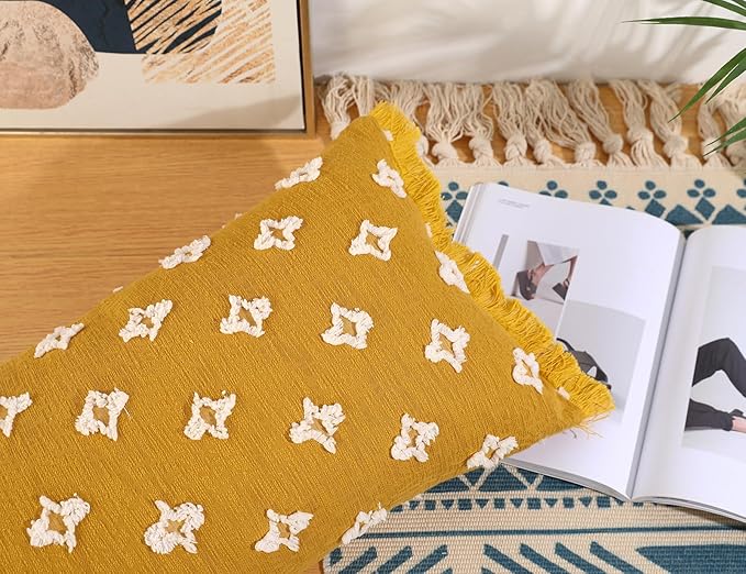 Boho Long Lumbar Pillow Cover 14x28 with Tassel,3D Flower Patterned Cotton Decorative Long Lumbar Pillow Cover Pillow Case for Sofa Couch Bed Livingroom Farmhouse,Yellow