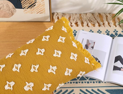 Boho Long Lumbar Pillow Cover 14x22 with Tassel,3D Flower Patterned Cotton Decorative Long Lumbar Pillow Cover Pillow Case for Sofa Couch Bed Livingroom Farmhouse,Yellow