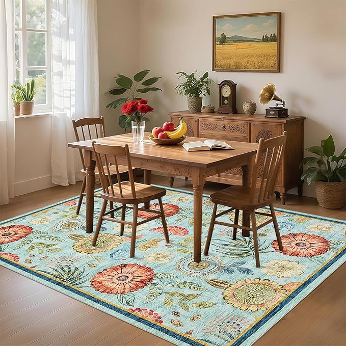 GarveeHome 4x6 Floral Washable Area Rug: Large Living Room Area Rug with Non-Slip Backing Washable Ultra Soft Bedroom Floral Carpet Indoor Stain Resistant Carpet for Dining Room 4 * 6 ft Light Blue
