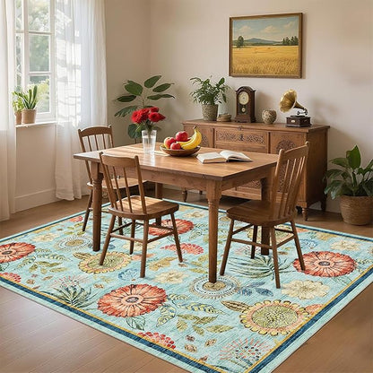 GarveeHome 4x6 Floral Washable Area Rug: Large Living Room Area Rug with Non-Slip Backing Washable Ultra Soft Bedroom Floral Carpet Indoor Stain Resistant Carpet for Dining Room 4 * 6 ft Light Blue